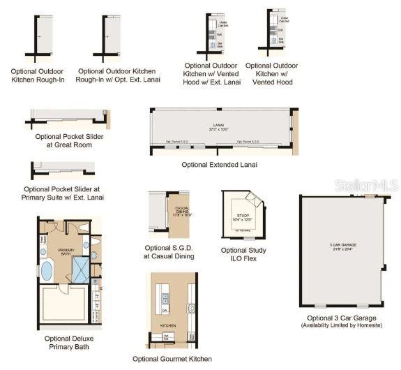 Structural options added include: Gourmet kitchen, pocket sliding glass door at gathering room and primary suite, study in place of flex, tray ceiling at dining room, foyer, study, primary suite and game room, and covered extended lanai.