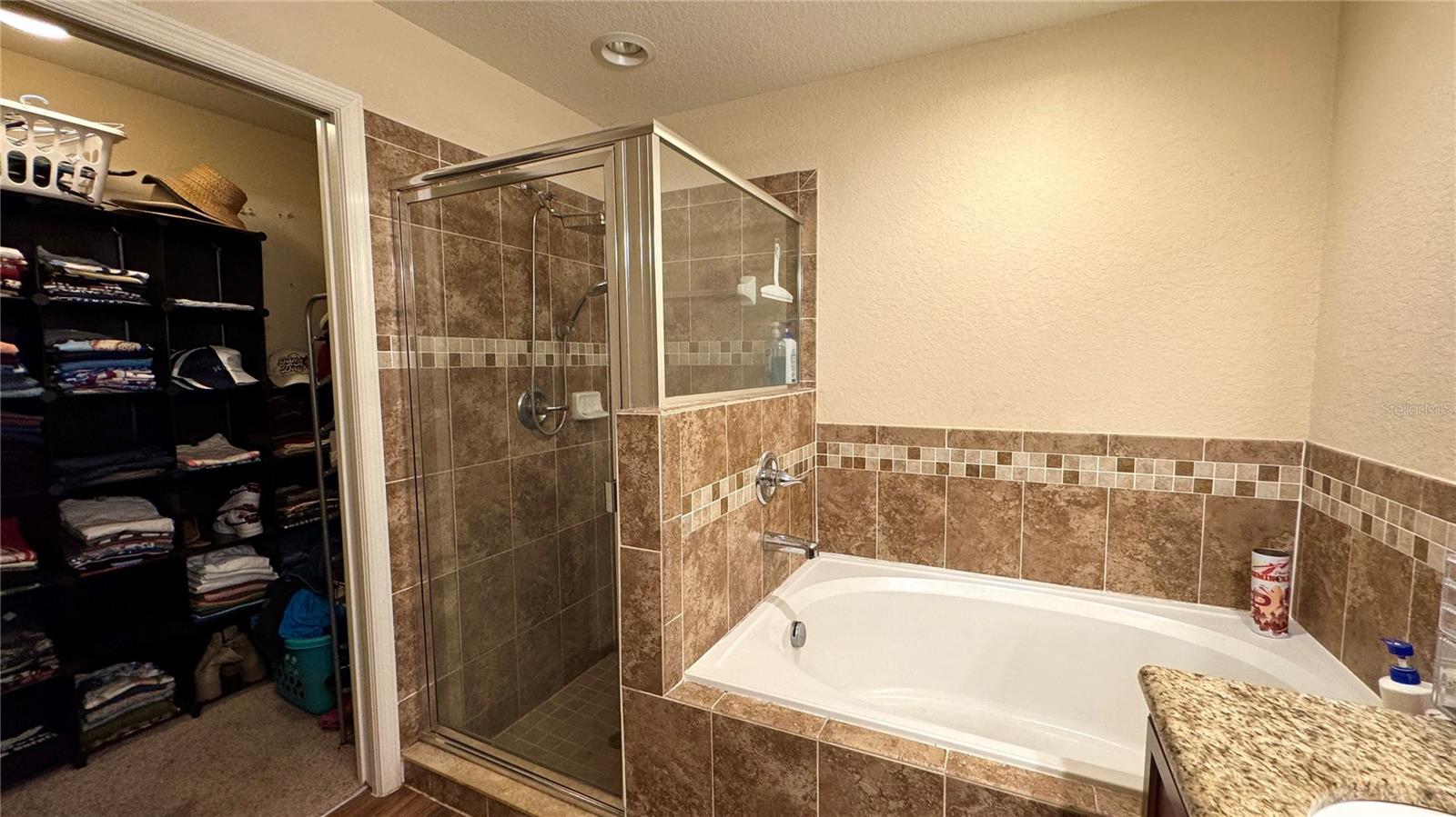 Primary Bathroom Soaking Tub, Stand-In Shower w/ Glass Surround and Walk-In Closet.