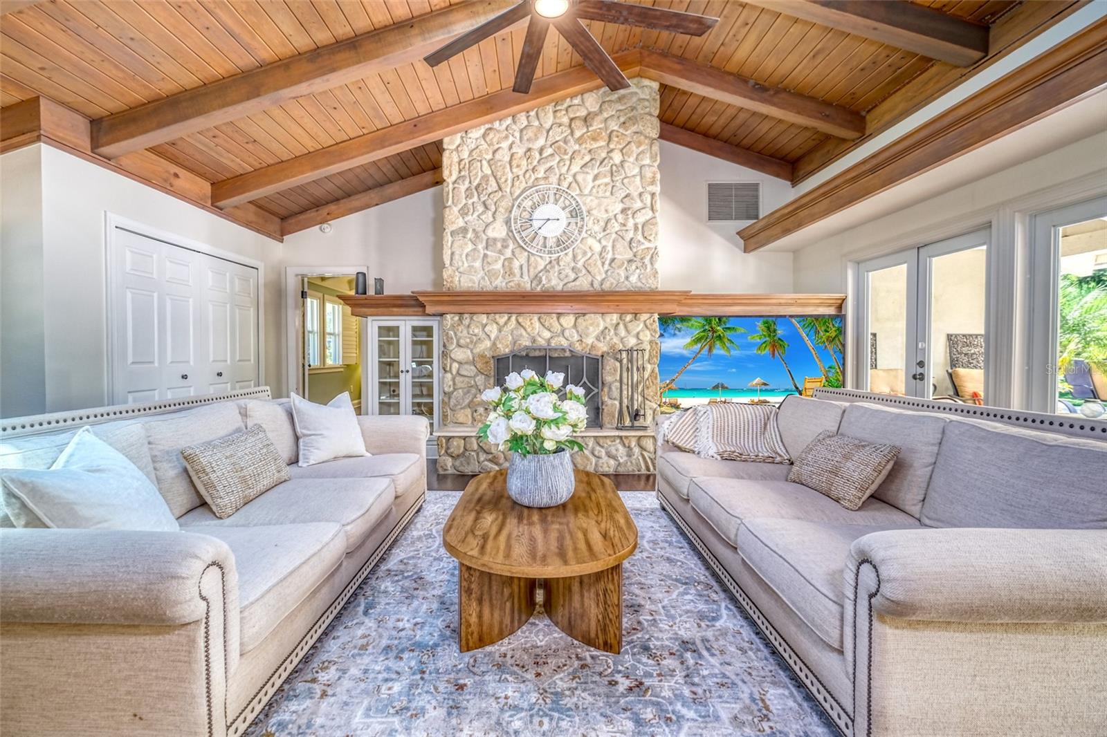 Fabulous views of the outdoor pool area and fireplace