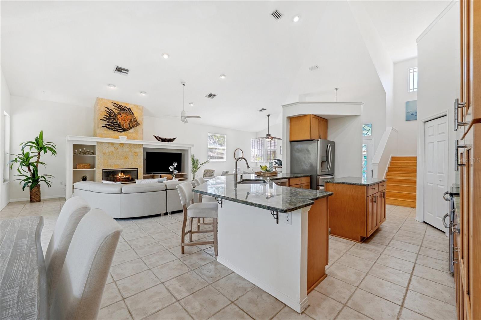 Kitchen to Living Room with Fireplace