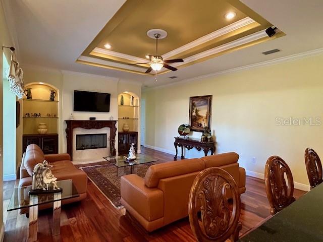 FAMILY ROOM w/Recessed Tray Ceiling, Fireplace and Wood Floors