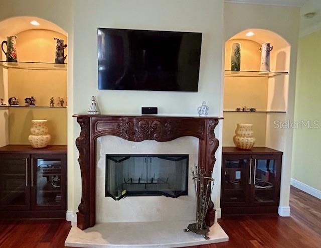 Family Room with Custom Wood Burning Fireplace & Wood Cabinetry