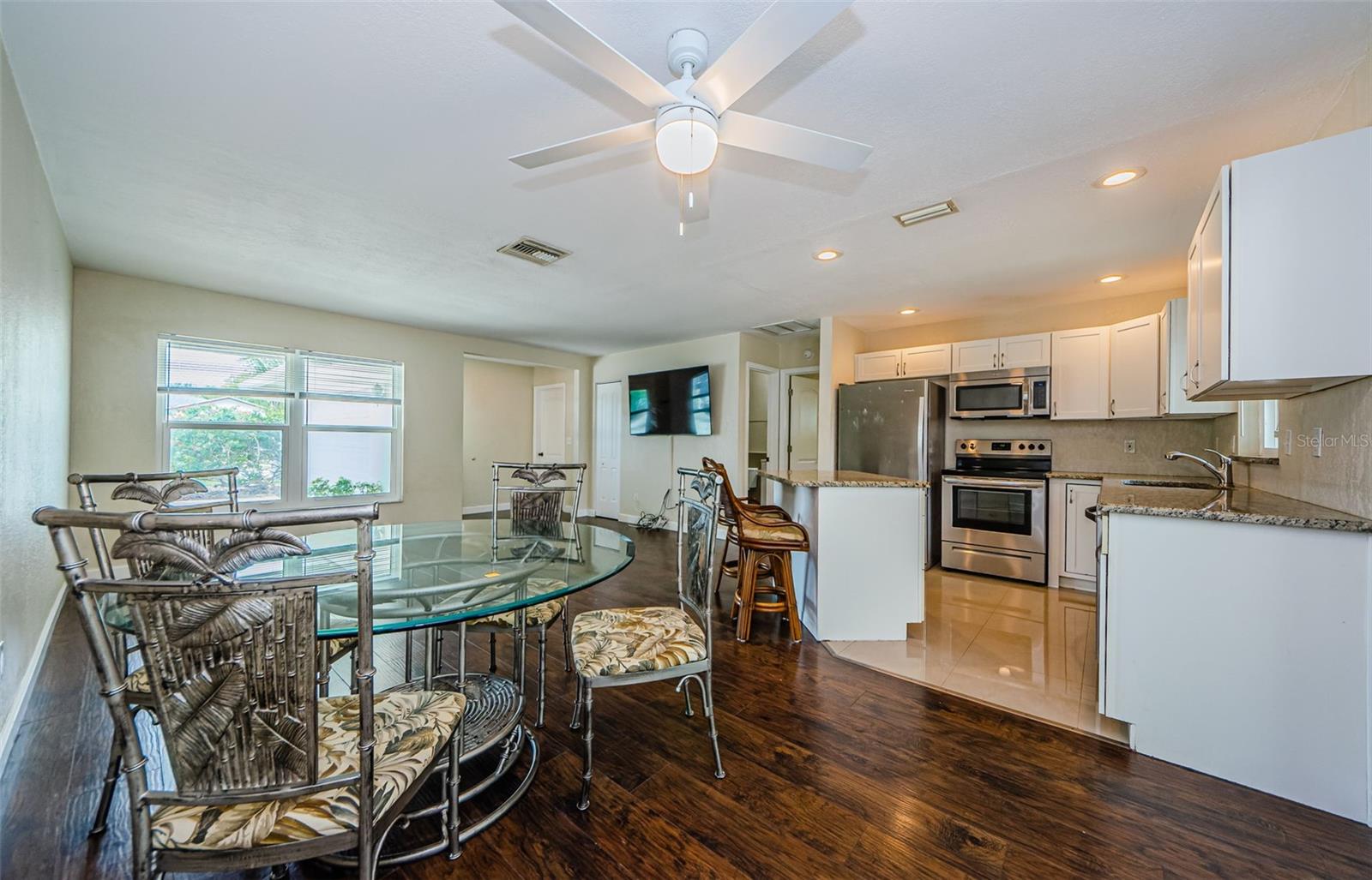 Kitchen and view into living room area
