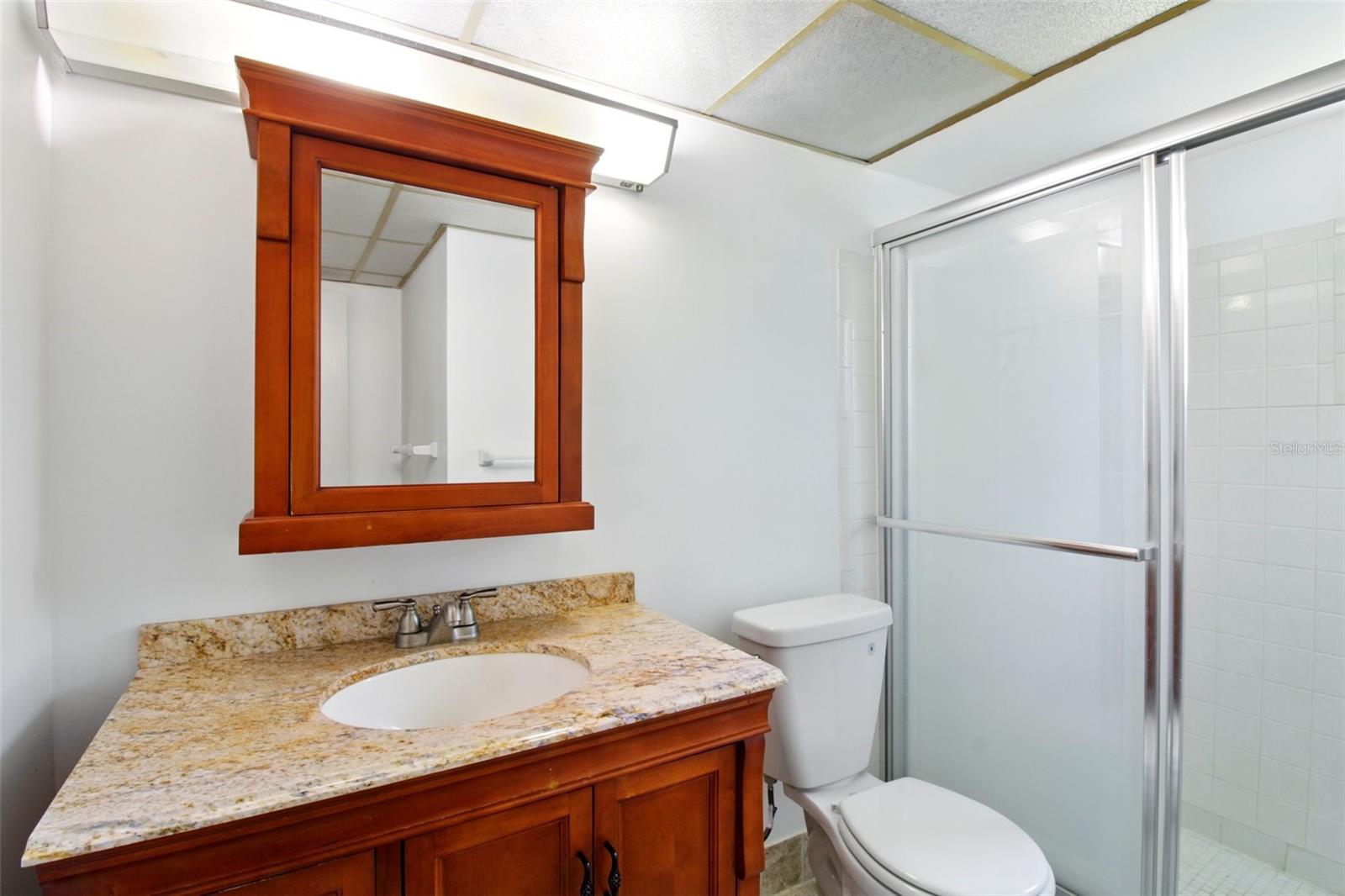Primary bathroom with walk-in shower and granite counters