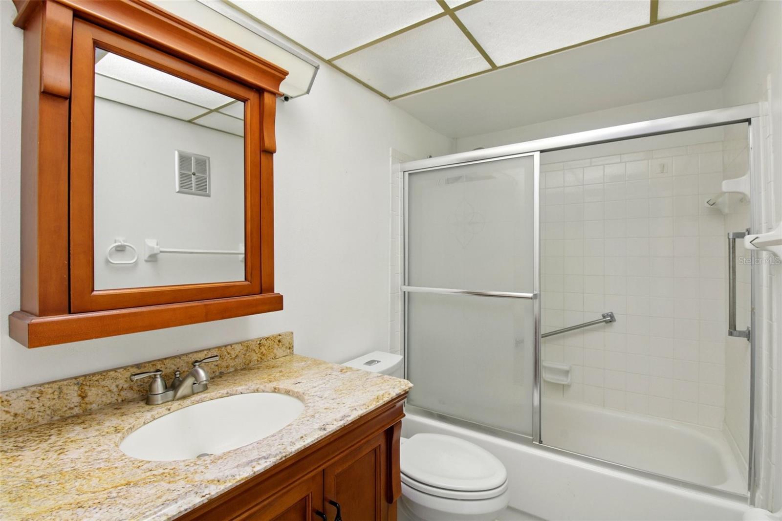 Guest/Hall bathroom with tub, grab bars and granite counters