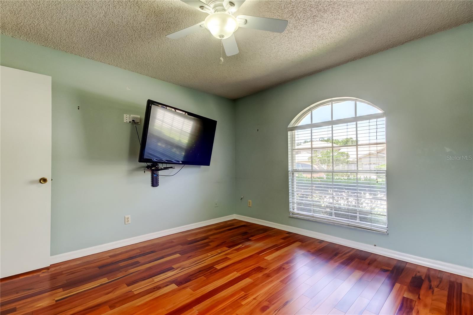12. Bedroom #2 (11.1 x 11.1') w Arched Window, Front Yard View, Full Closet, Mounted TV Conveys!
