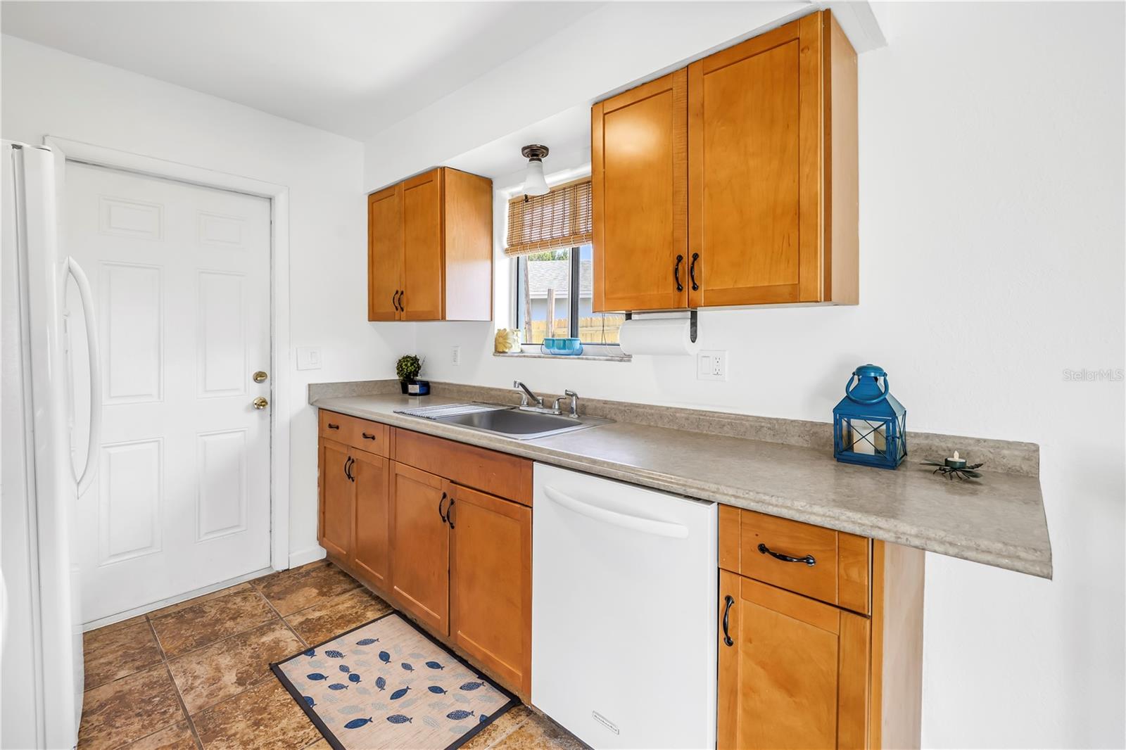 Kitchen and interior garage door.