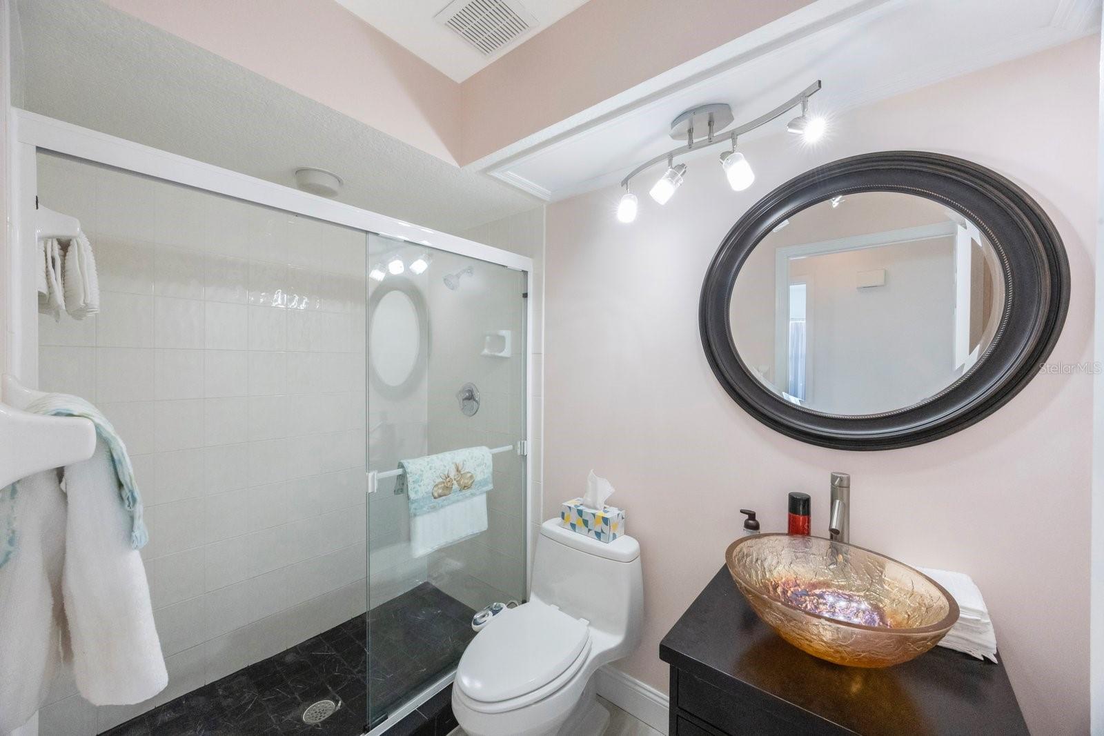 Downstairs full bath functions as pool bath, guest bath, and bathroom for fifth bedroom/office