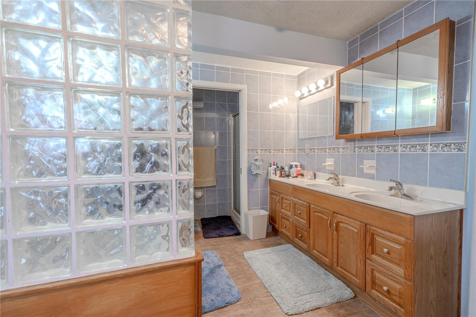 The primary bath features a mirrored wood vanity with storage.
