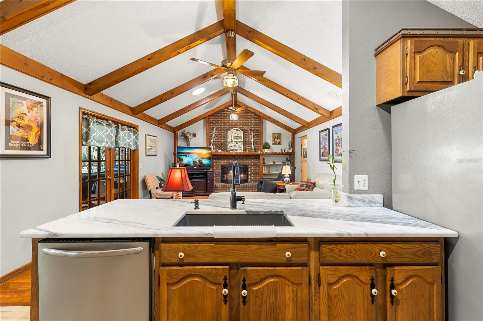 Kitchen overlooks living room