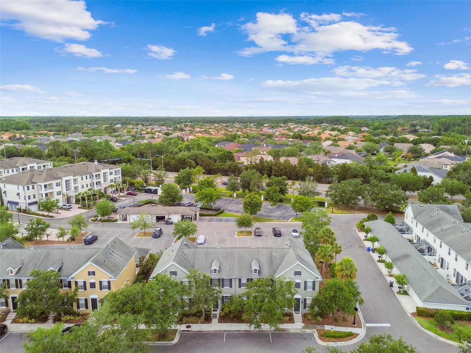 Aerial view of the building front & back
