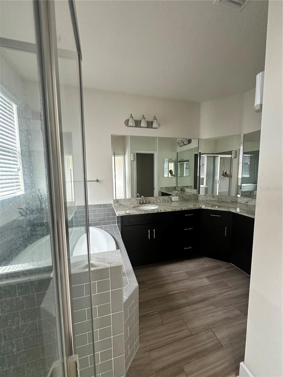 En suite Bathroom Double Vanity sink, soaking tub, toilet closet and Shower glass enclosure