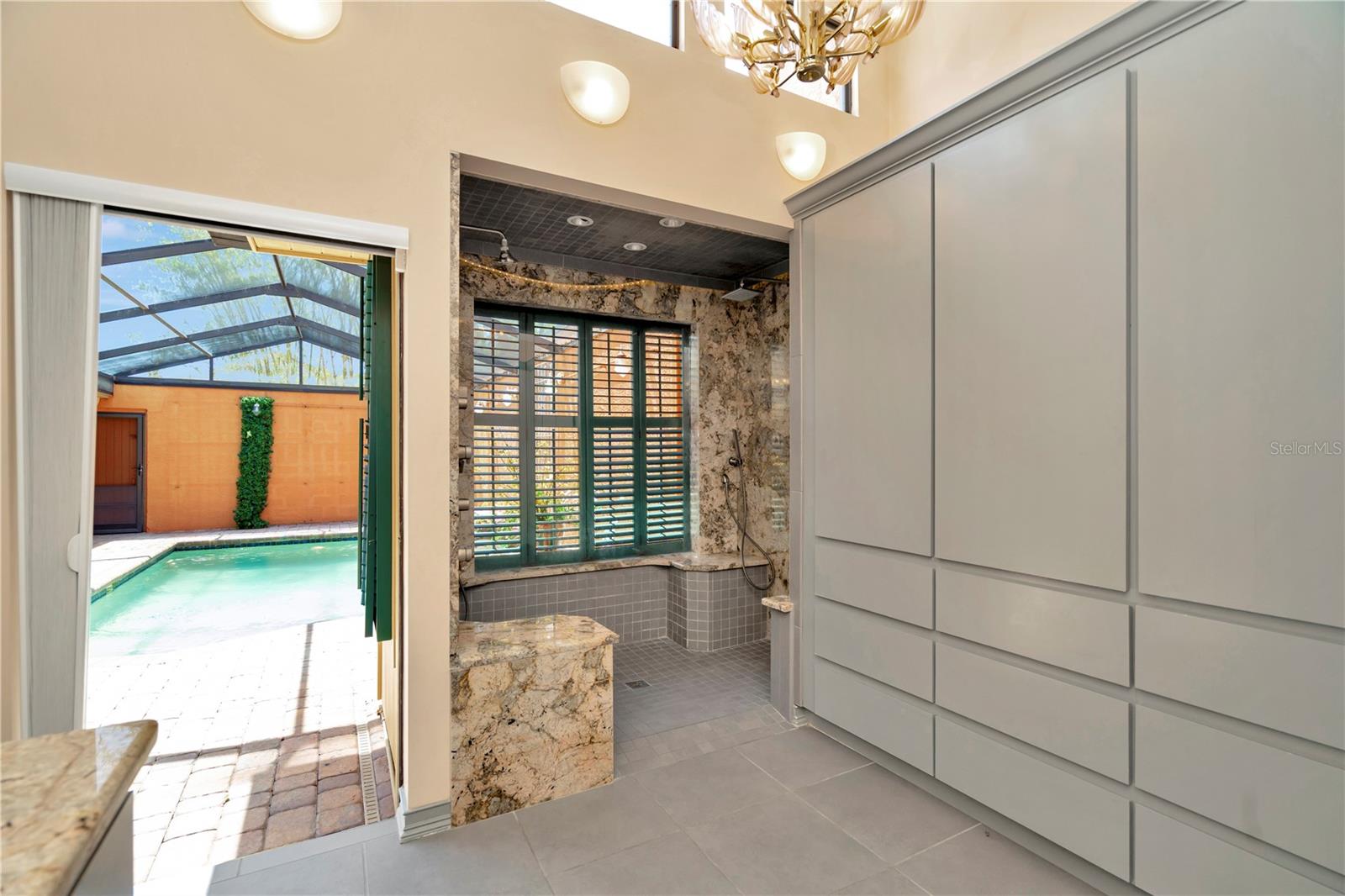 Primary bathroom and custom built cabinets