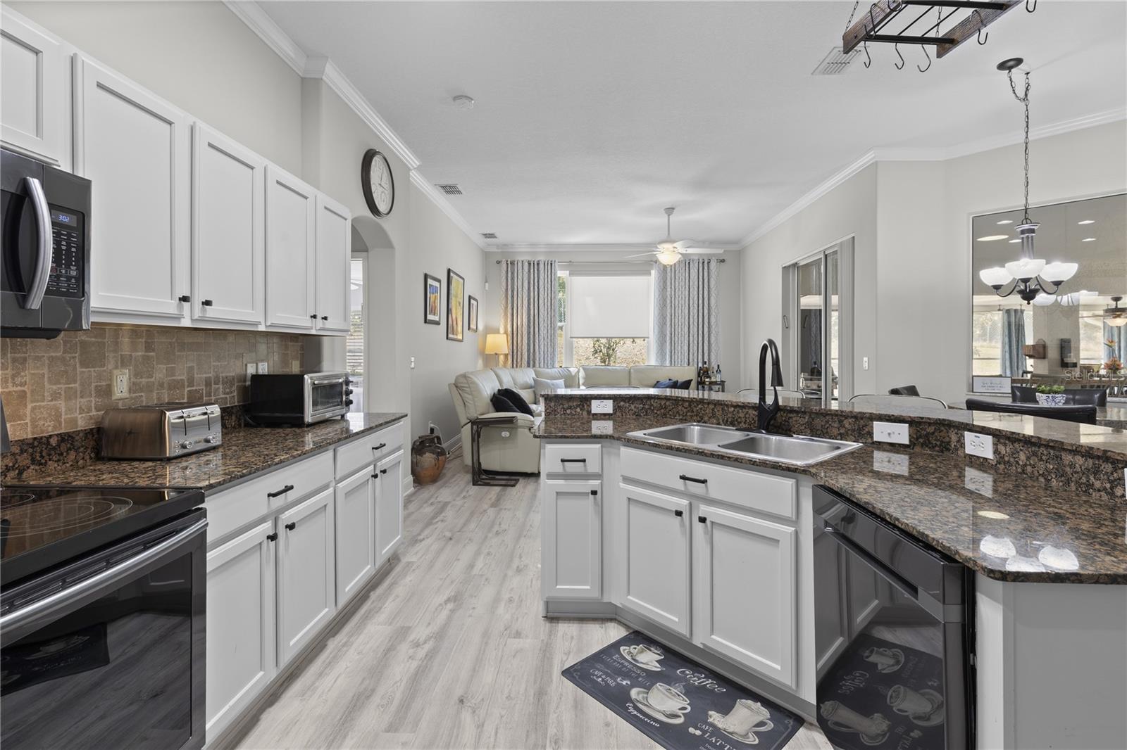 White cabinets and Granite counters in this OPEN kitchen