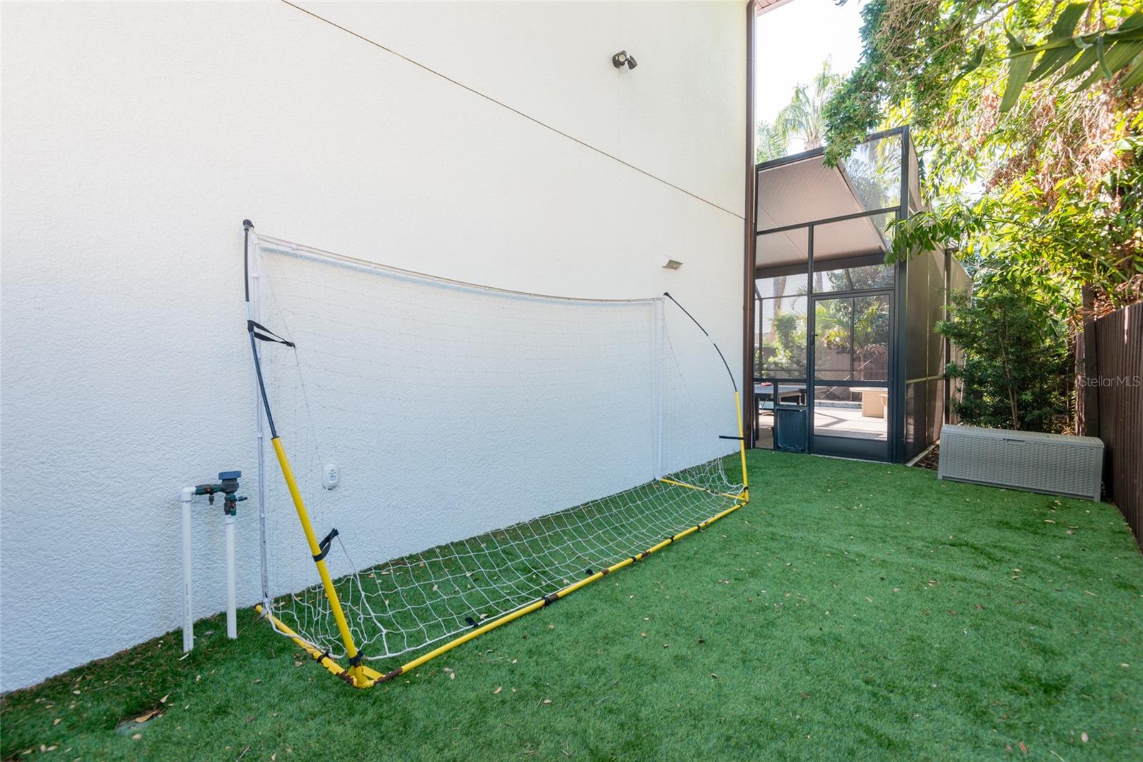 Turfed side yard with doggy door.
