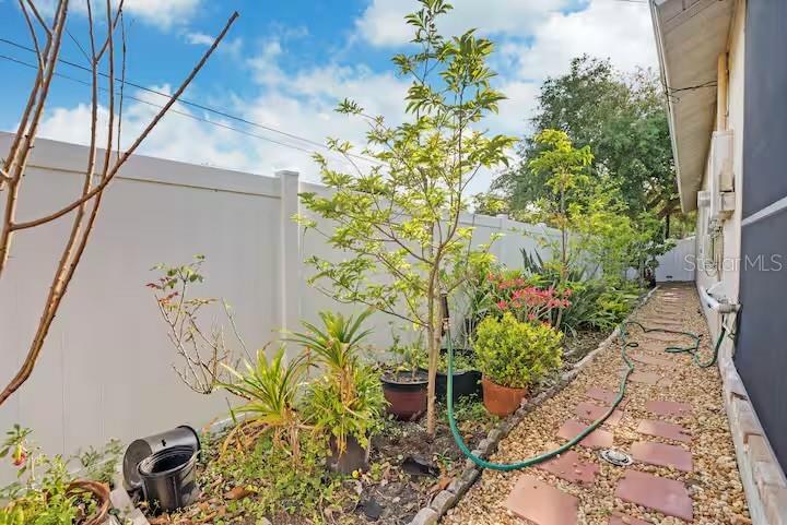 rose bushes and a variety of fruit trees outline the side yards