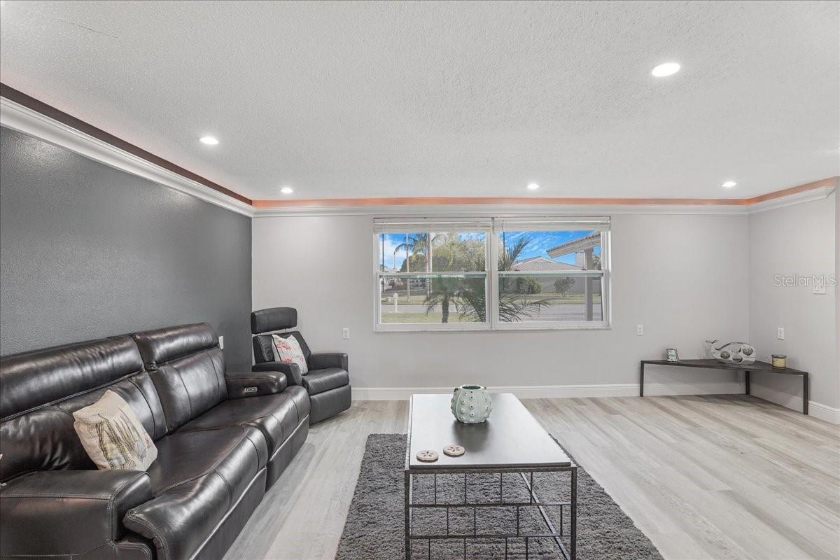 view from dining space to family room