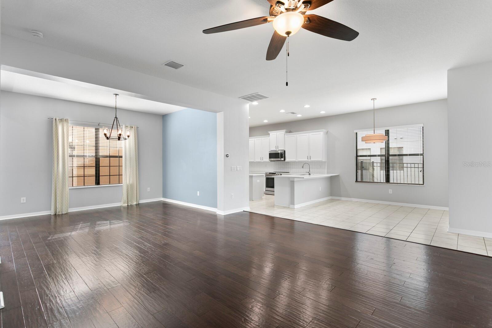 Views of the dining and family rooms looking towards the kitchen
