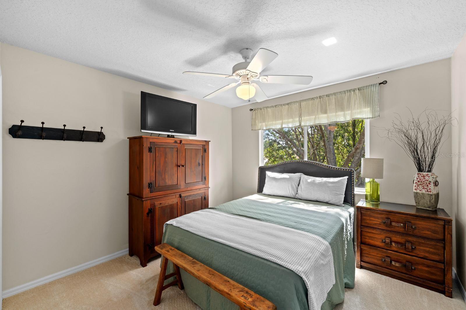 One of the secondary bedrooms.....features fresh newer carpet, a lighted ceiling fan, and an oversized closet.