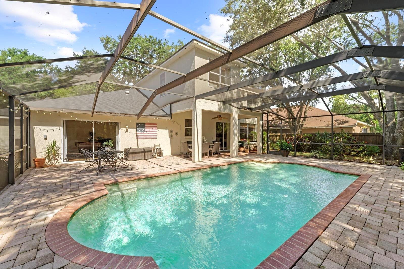 The pool is huge and it's salt water!  The screen enclosure is massive and perfect for entertaining!  The screen string lights will stay!