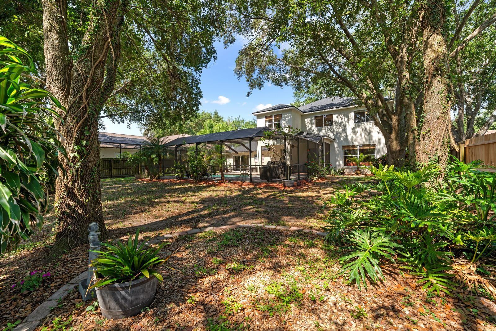 The backyard is huge and shaded and fresh flowers are sprinkled all over.