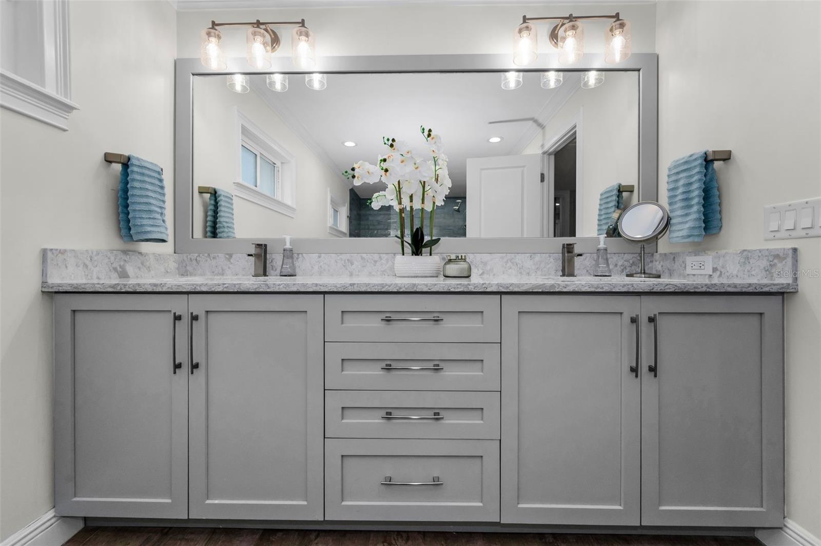 Custom double vanity with quartz countertops