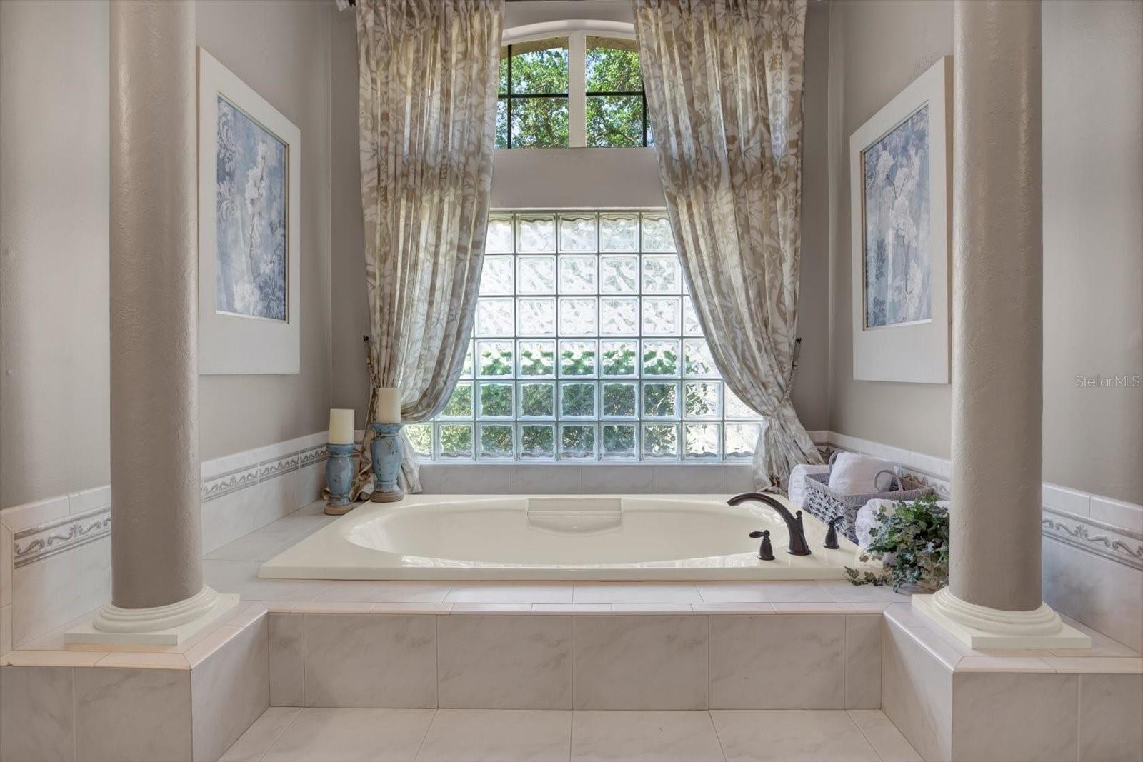 Jetted garden tub with natural lighting.