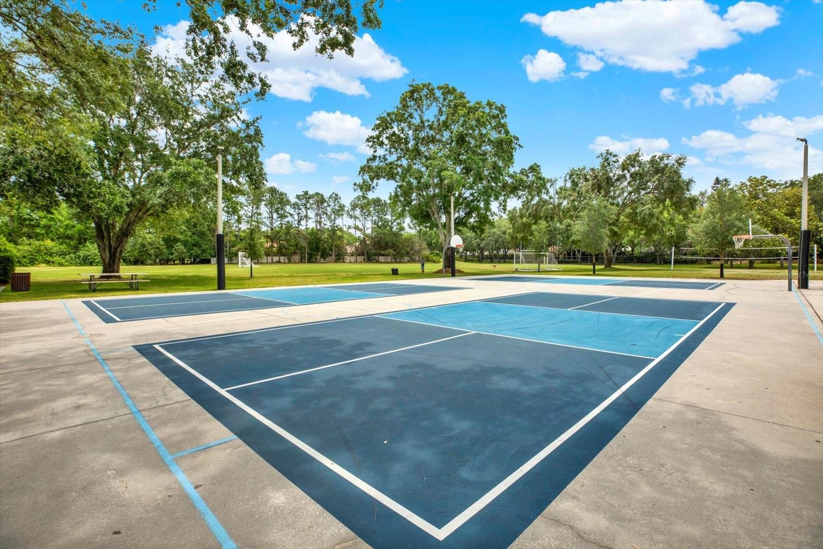 Pickleball courts, volleyball and soccer field.