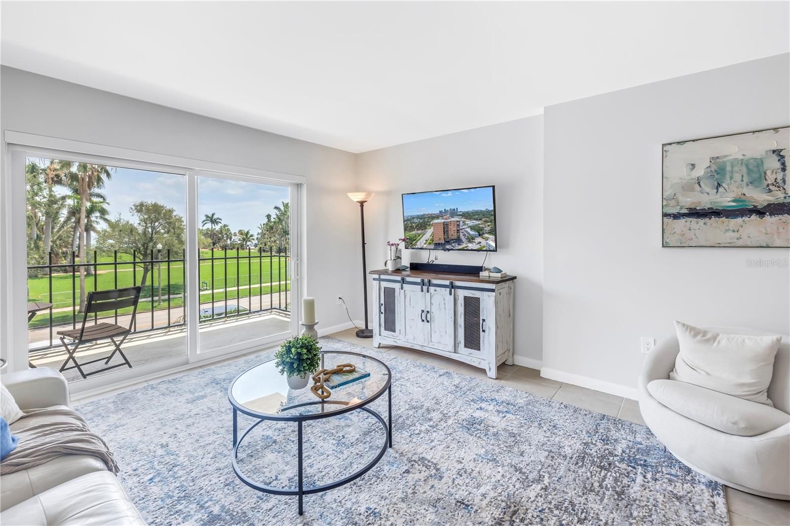 The living room looks out over the park