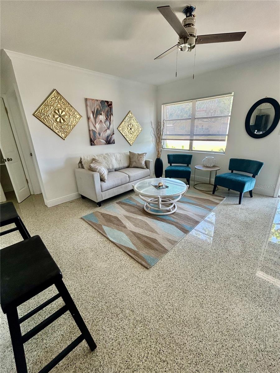 Living Room with restored Terrazzo floors.