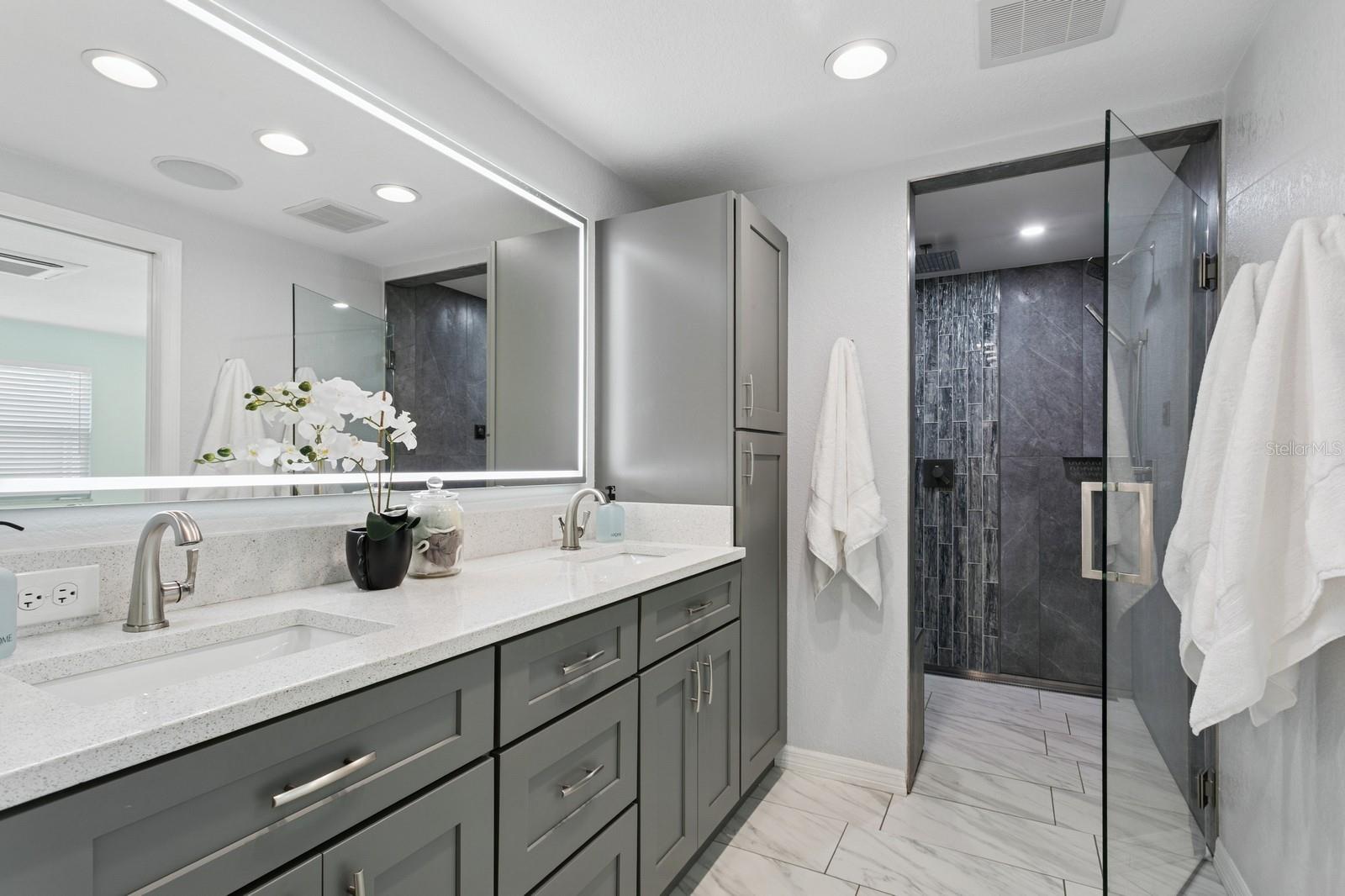 Primary bathroom with double sinks, water closet, and stand up shower
