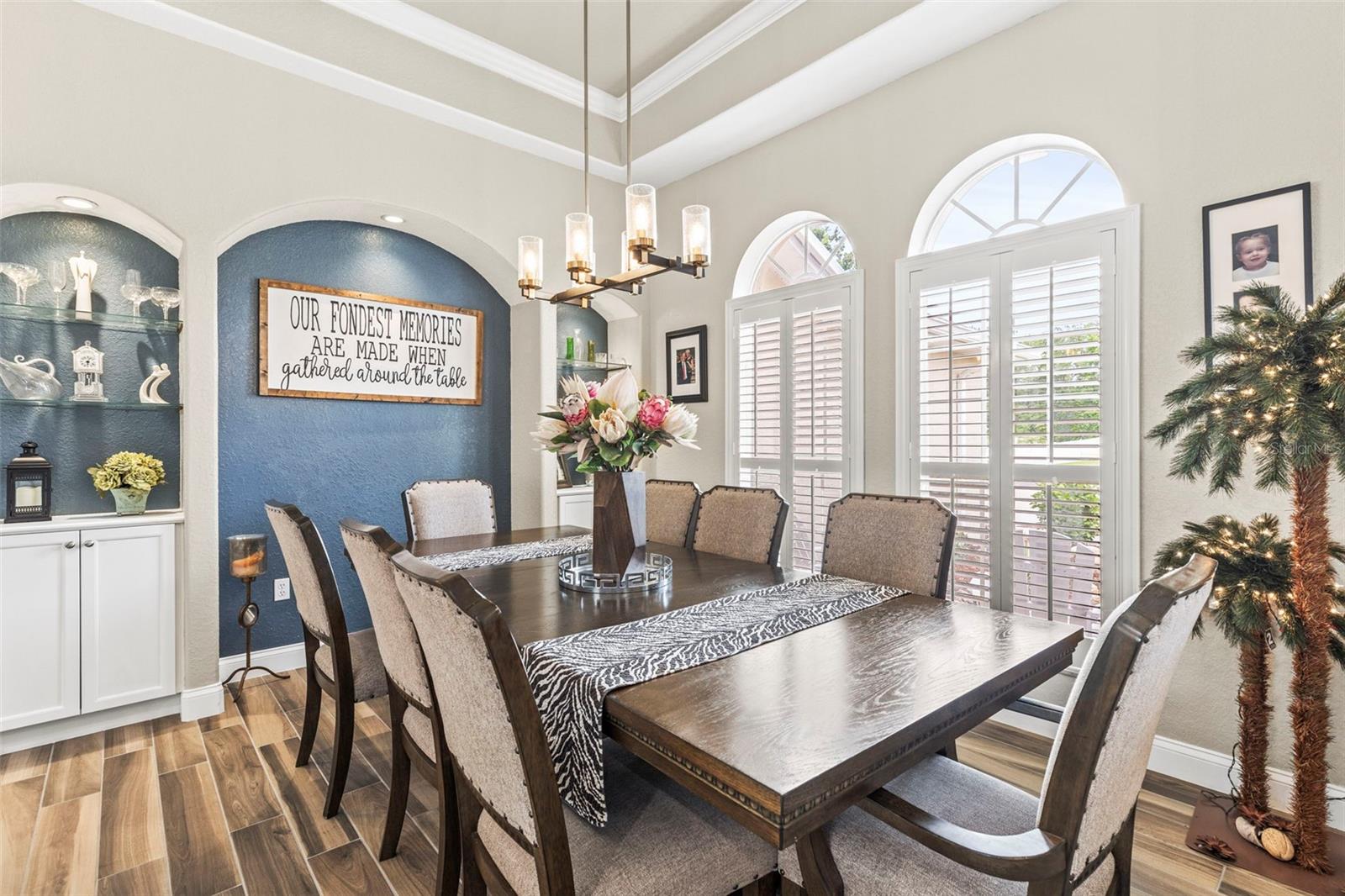 Dining area with built in cabinets and shelves