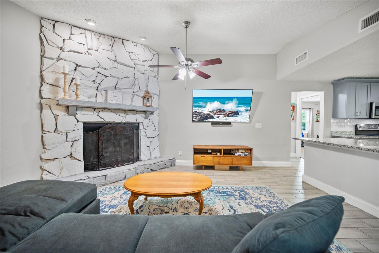 Family Room with wood-burning fireplace