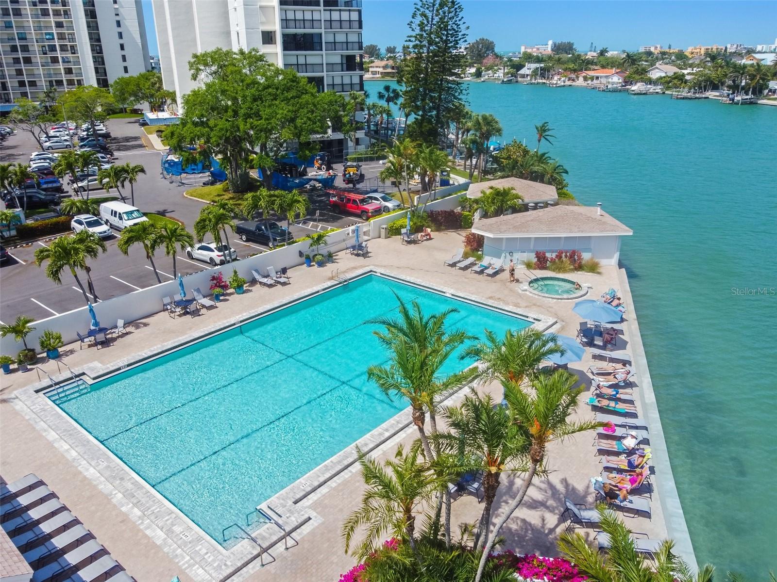 The community pool has a targeted temp of 82 degrees year round