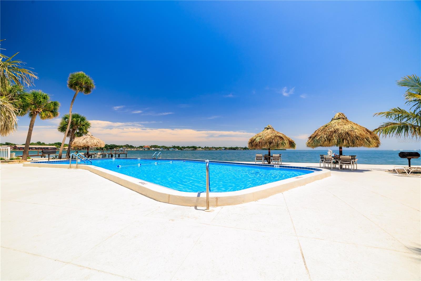 The stunning pool is large enough for laps and heated for year round enjoyment