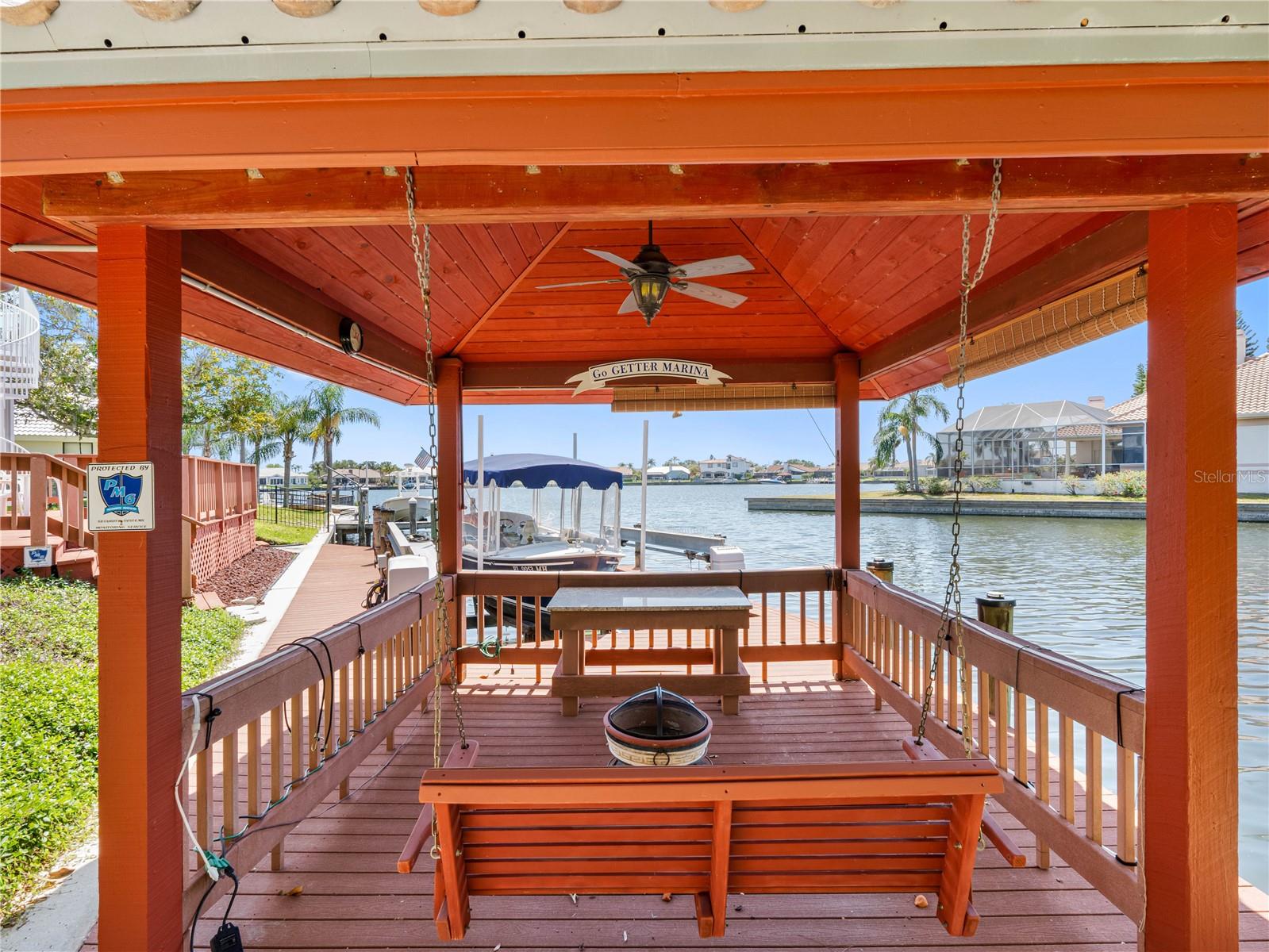 Swing in gazebo and fish station