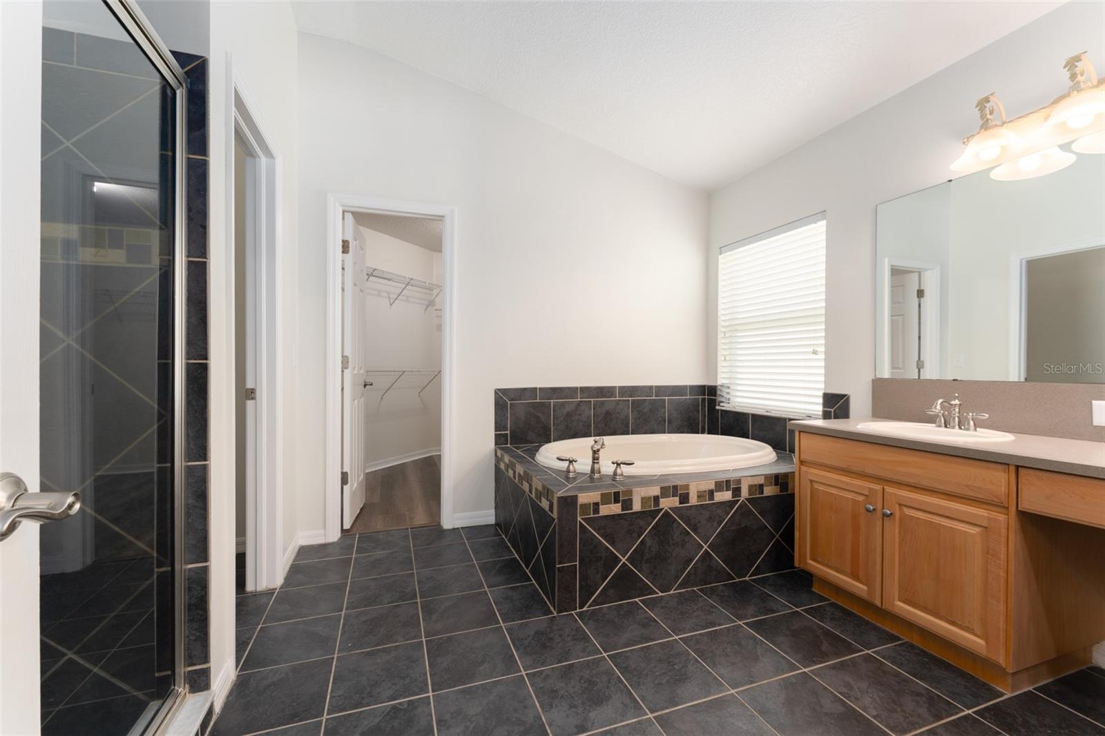 primary bathroom with jetted soaking tub, separate shower stall, walking closet & dual vanities.