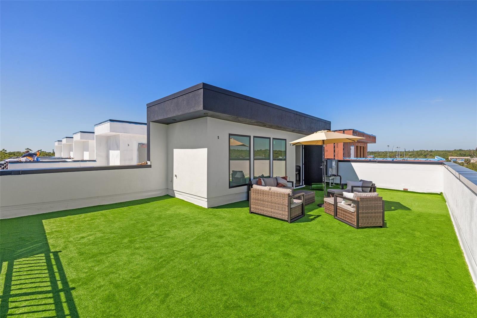 Fully usable rooftop terrace with pet friendly turf overlay.