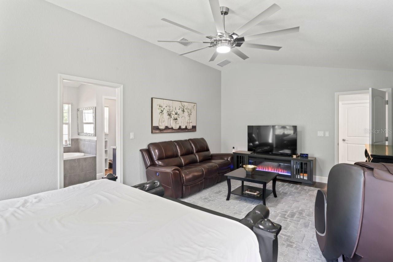 seating in master bedroom with TV and Fireplace