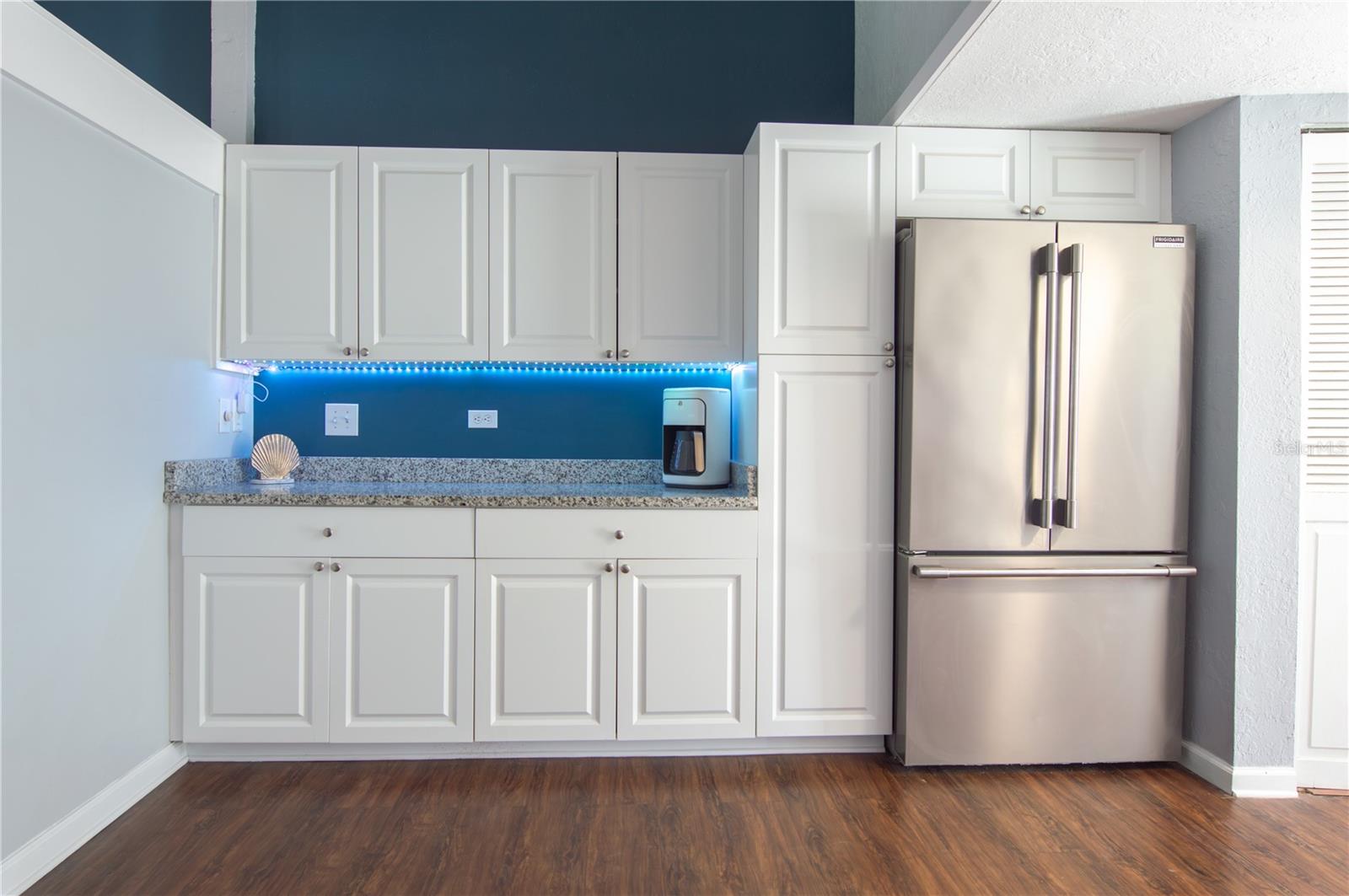 LOTS OF KITCHEN CABINETS AND AN UPGRADED REFRIGERATOR.