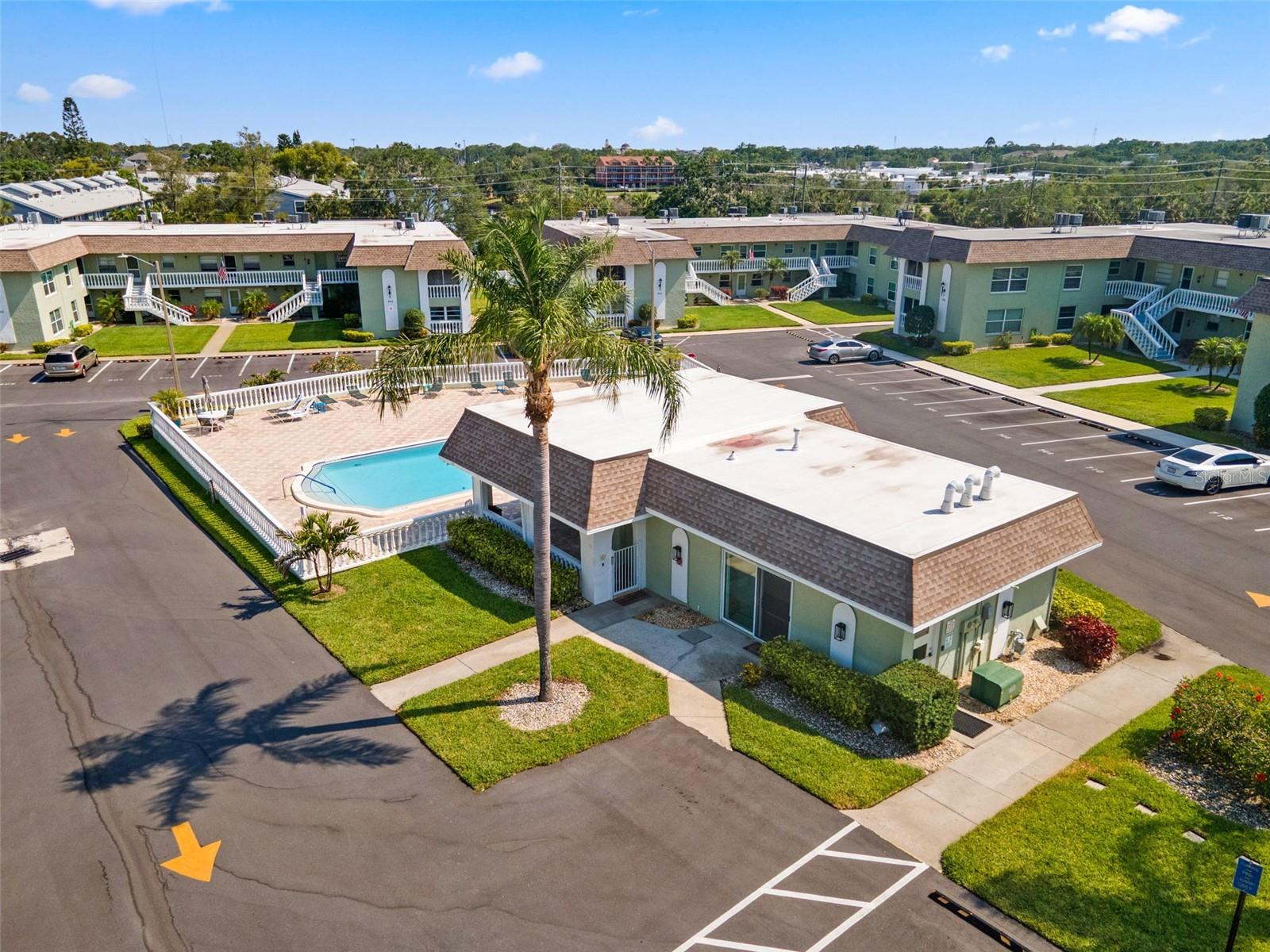 Aerial View of the Clubhouse and Pool Area