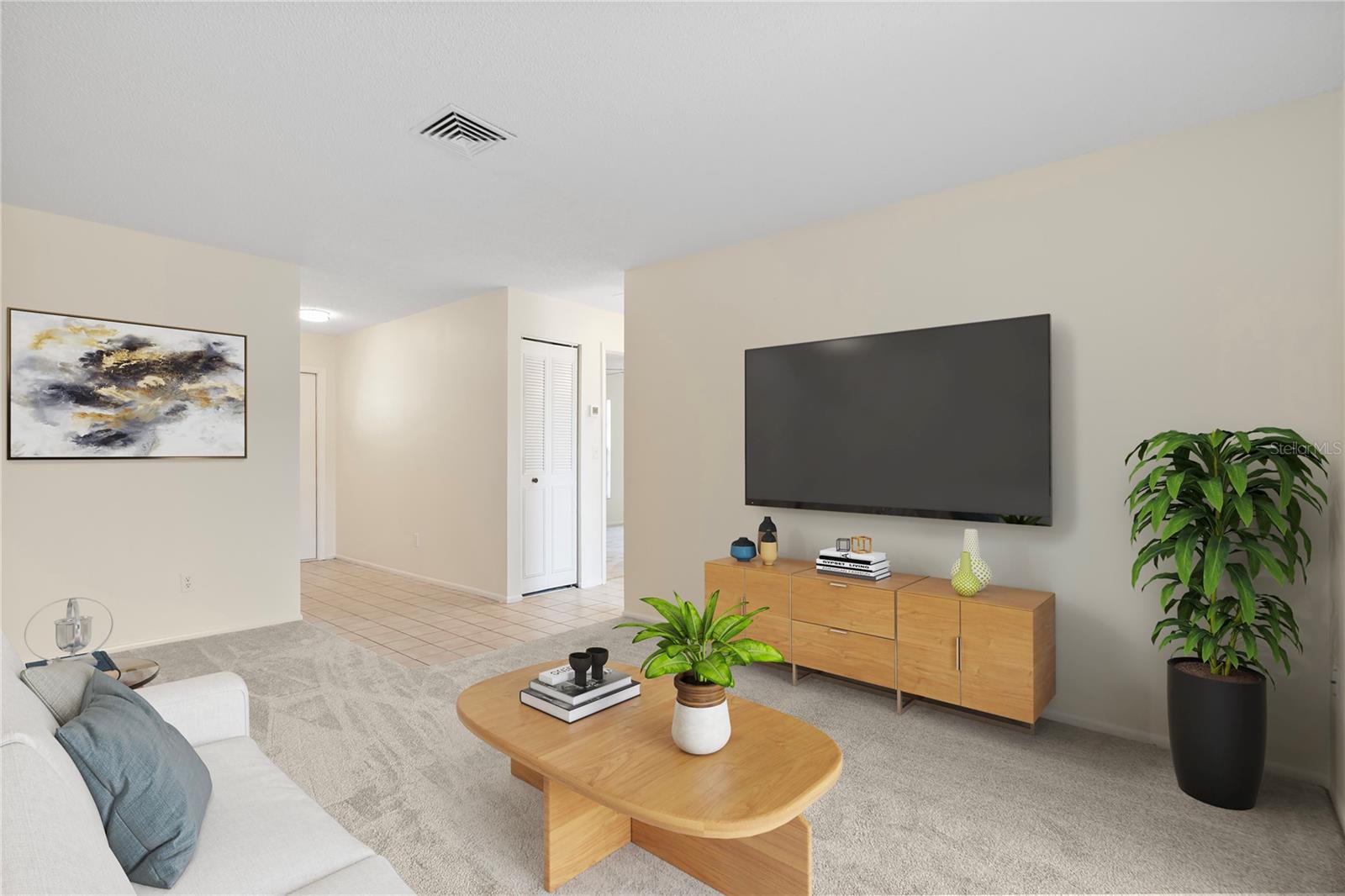 Virtually stages living room