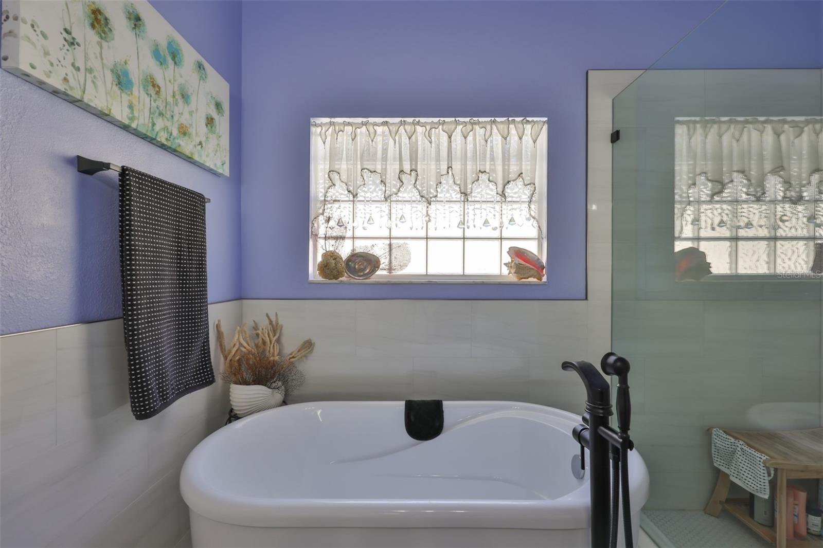 Stand alone tub with black fixtures