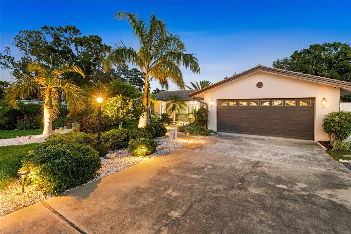 Twilight photo of front of the home