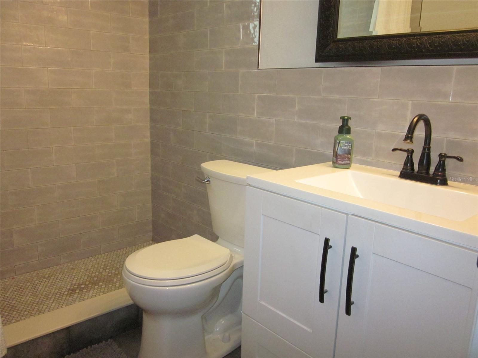 Remodeled bah with new vanity, tiled shower, & fixtures
