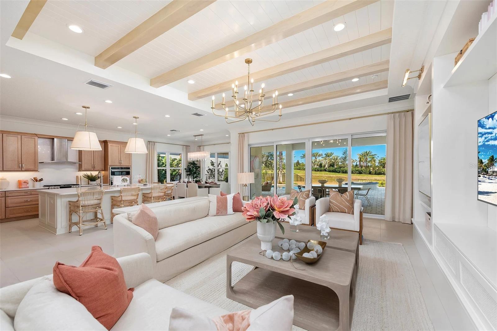 Grand Great Room View With Coffered Ceiling