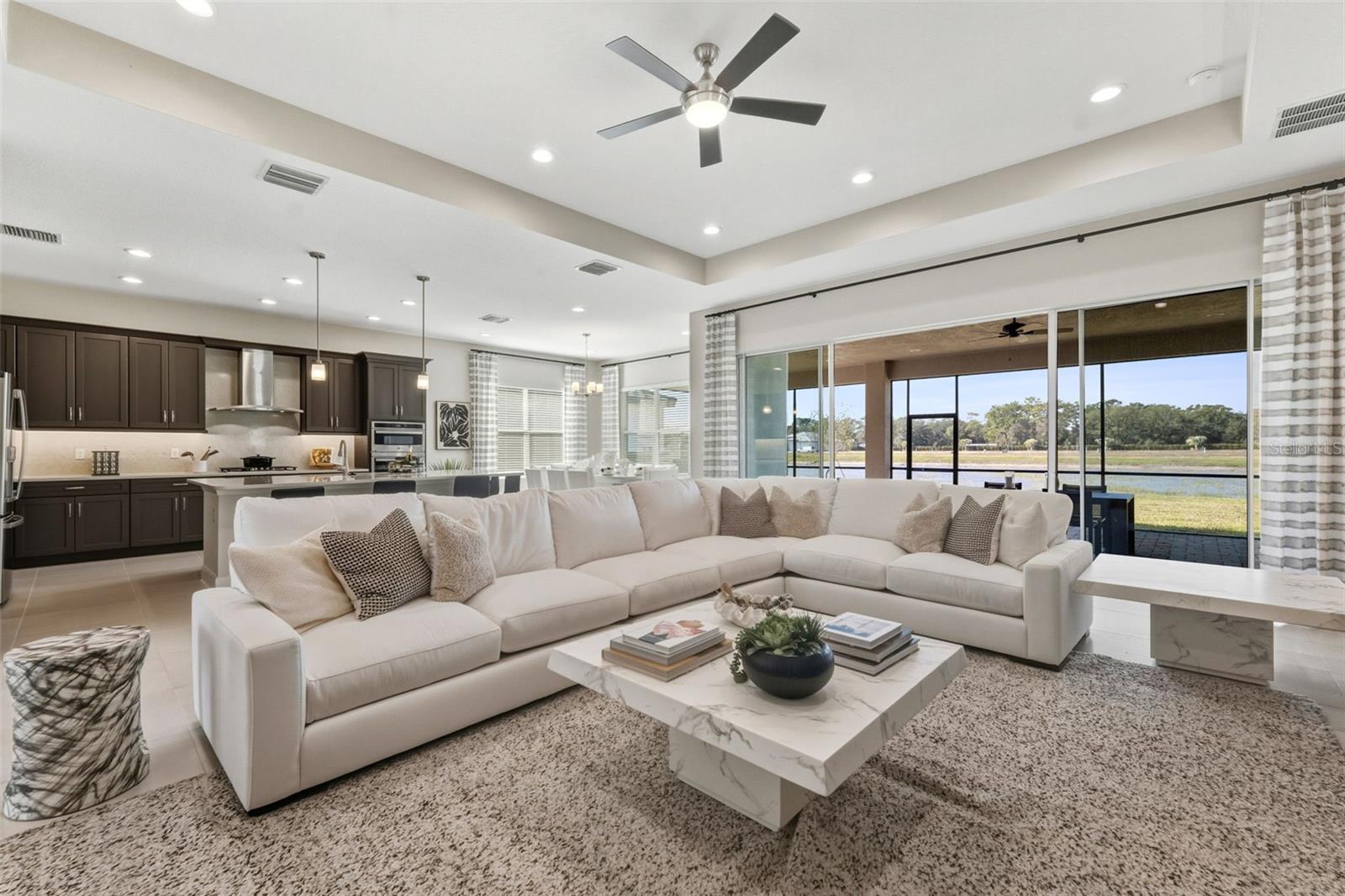 Grand Great Room View With Coffered Ceiling