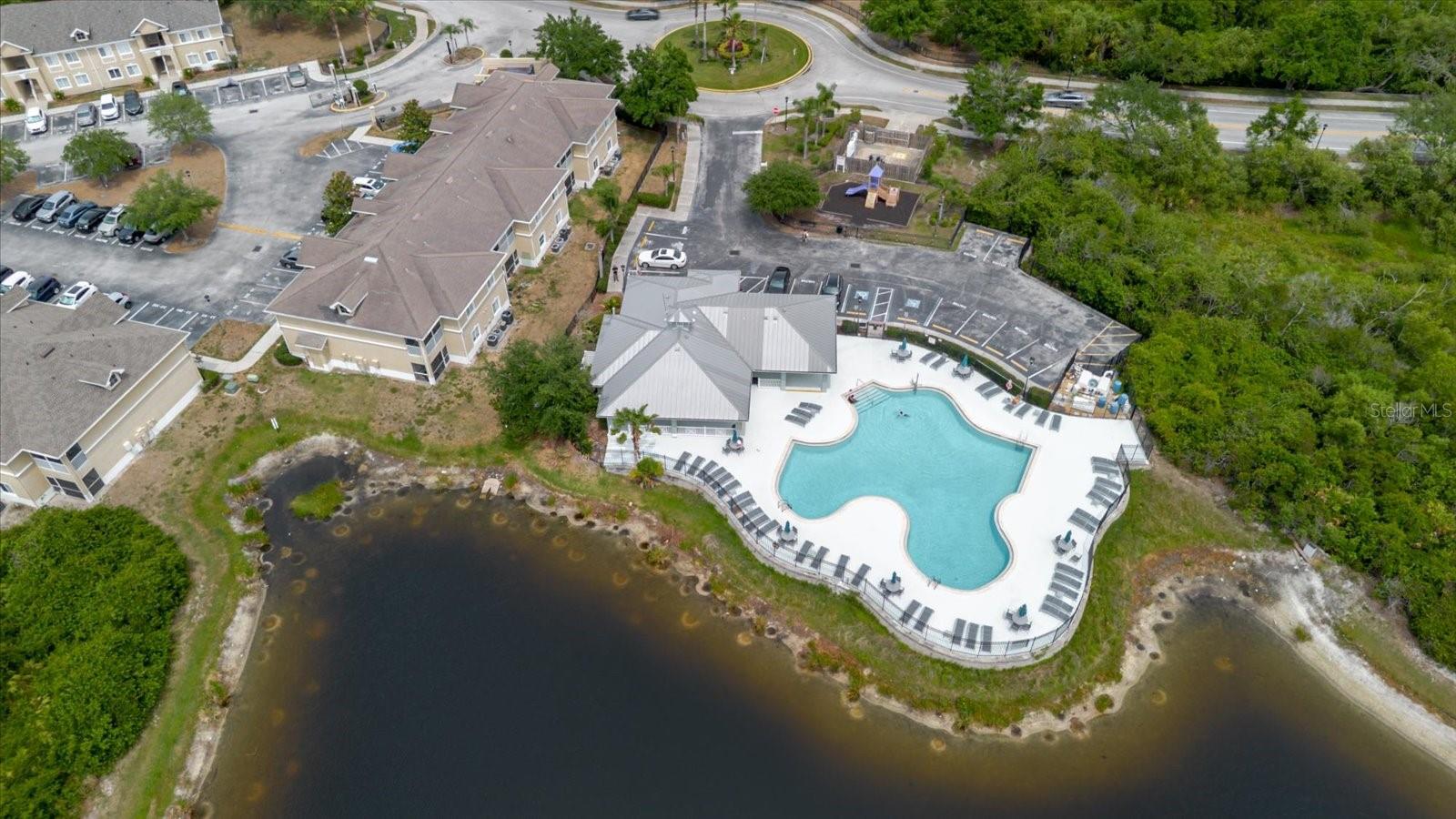 Aerial View of Clsuhouse Pool and Play Area
