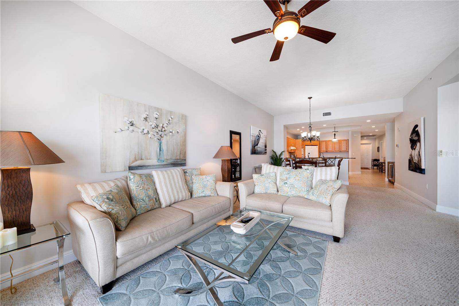 Living room overlooks dining room and kitchen , hallways to laundry room and two spare bedrooms