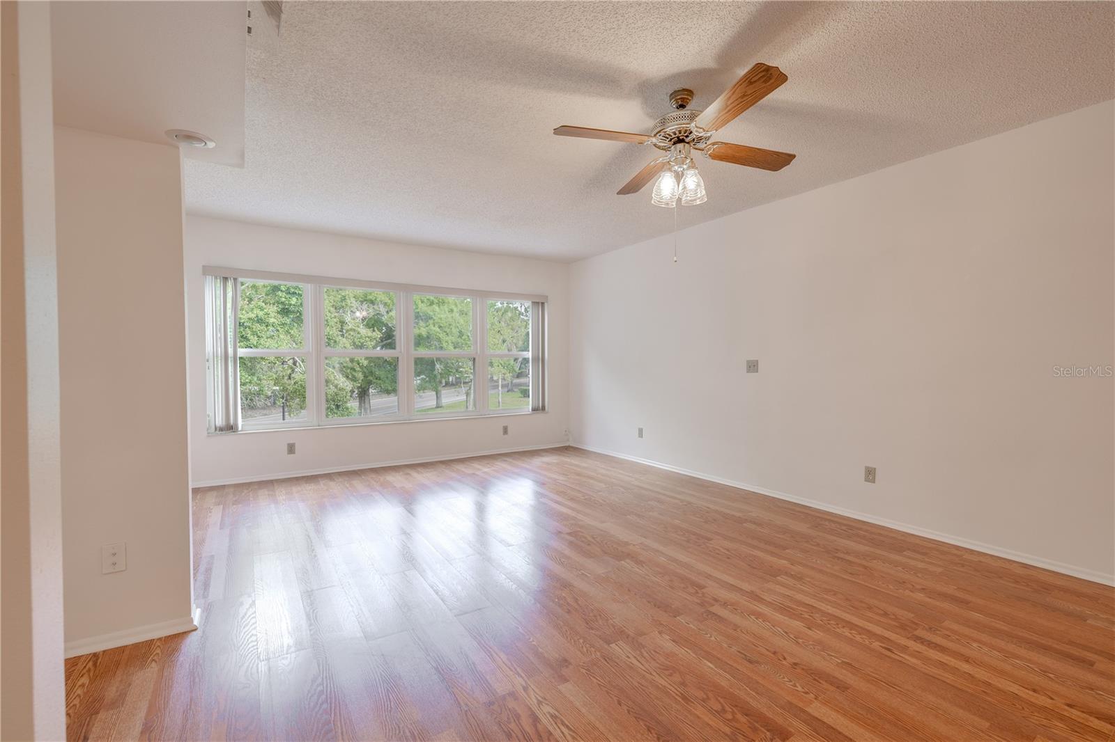 The living room features freshly painted neutral tone walls, new wood laminate flooring and a ceiling fan with light kit.